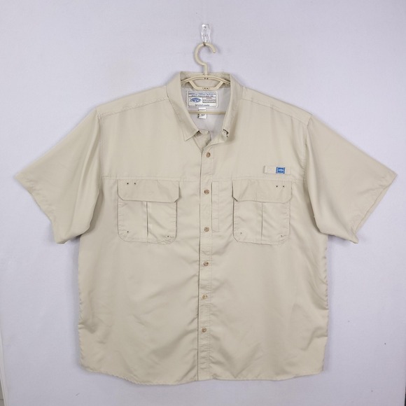 AFTCO Other - AFTCO Shirt Mens 2XL Tan Short Sleeve Fishing Vented Button Front Polyester